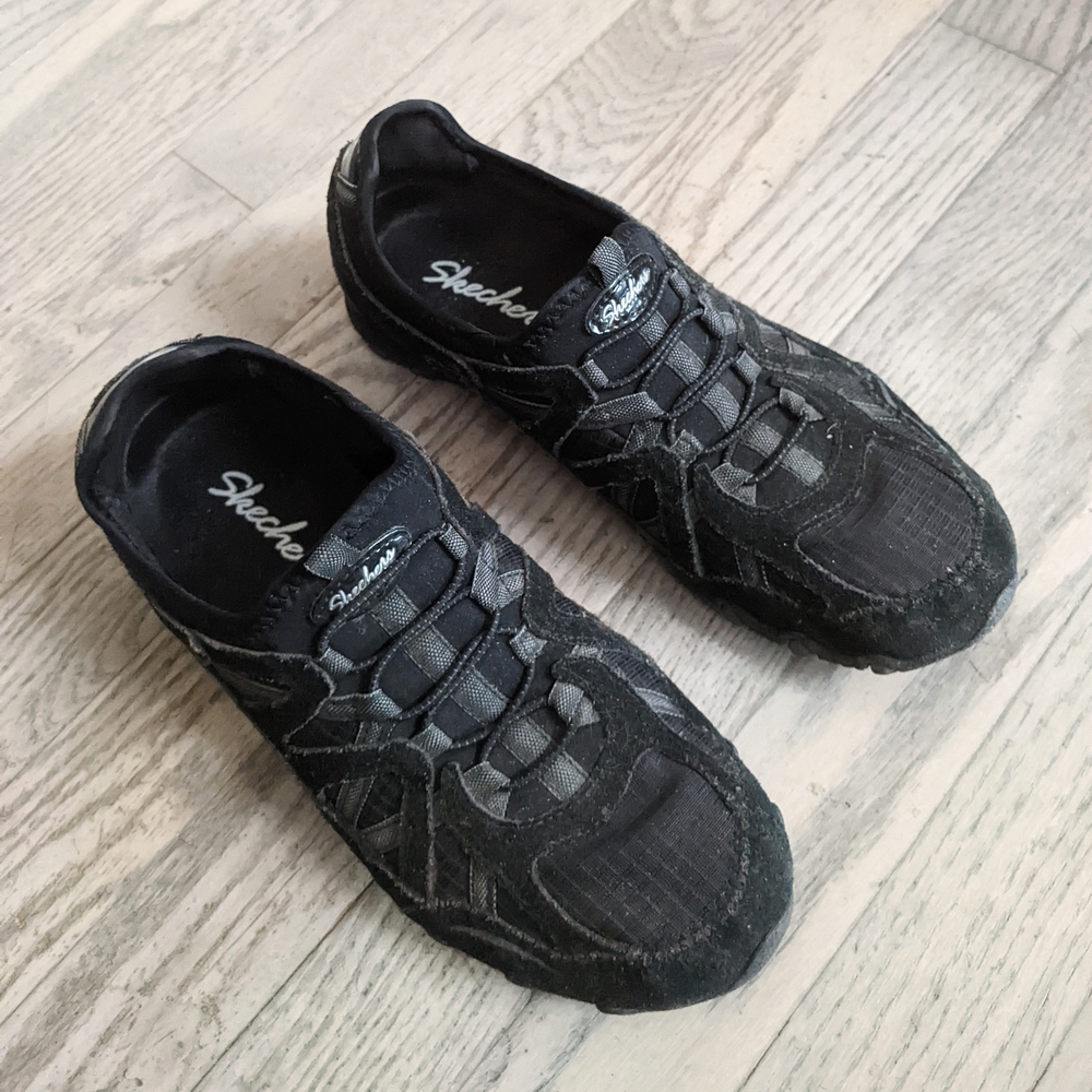 Skechers Leather Athletic Biker Sneakers Black Shoes, Women's 8.5